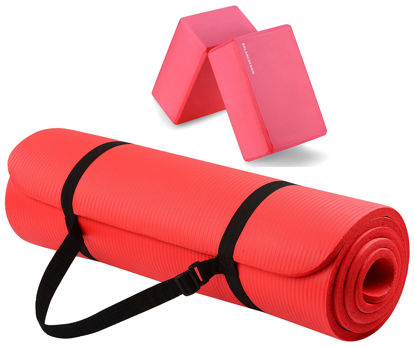 Picture of Signature Fitness All Purpose 1/2-Inch Extra Thick High Density Anti-Tear Exercise Yoga Mat with Carrying Strap and Yoga Blocks, Red