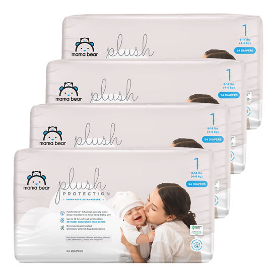 Picture of Amazon Brand - Mama Bear Plush Protection Diapers, Hypoallergenic, Size 1, 216 Count (4 Packs of 54), White and Cloud Dreams