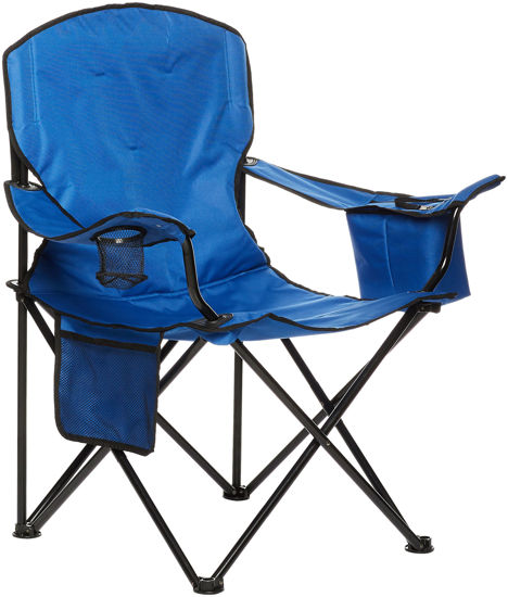 Picture of Amazon Basics Portable Camping Chair with 4-Can Cooler, Side Pocket, Cup Holder, and Carry Bag, Collapsible for Camping, Tailgates, Beach, and Sports, X-Large, Padded, Blue