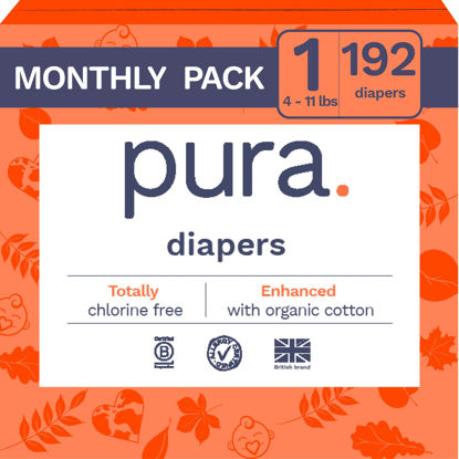 Picture of Pura Size 1 Eco-Friendly Diapers (4-11lbs) Hypoallergenic, Soft Organic Cotton Comfort, Sustainable, Wetness Indicator, Allergy UK, Newborn, Bulk Buy, 6 Packs of 32 (192 Baby Diapers)