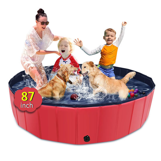 Picture of CACSPS Foldable Dog Pool, 87" x 14" Large Kiddie Pool with Hard Plastic, Non-Slip Dog Bath Tub for Outdoor Backyard, Collapsible Dog Swimming Pool for Kids Dogs Pets (Red)