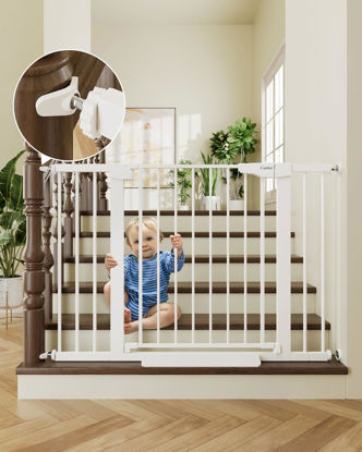 Picture of Cumbor 29.7-46" Baby Gate for Stairs, Mom's Choice Awards Winner-Auto Close Dog Gate for the House, Easy Install Pressure Mounted Pet Gates for Doorways, Easy Walk Thru Wide Safety Gate for Dog, White