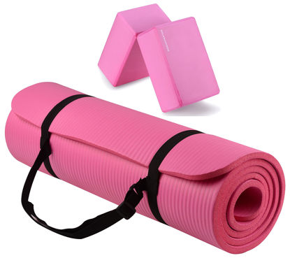 Picture of BalanceFrom All Purpose 1/2-Inch Extra Thick High Density Anti-Tear Exercise Yoga Mat with Carrying Strap and Yoga Blocks, Pink