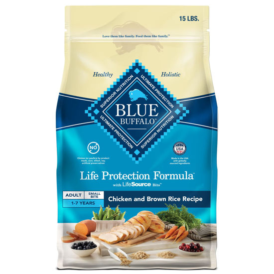 Picture of Blue Buffalo Life Protection Formula Adult Small Bite Dry Dog Food, Helps Build and Maintain Strong Muscles, Made with Natural Ingredients, Chicken & Brown Rice Recipe, 15-lb. Bag