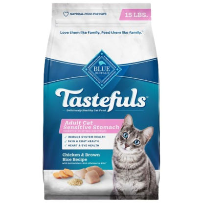 Picture of Blue Buffalo Tastefuls Natural Dry Food for Adult Cats, Sensitive Stomach, Chicken & Brown Rice Recipe, 15-lb. Bag