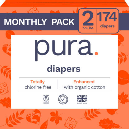 Picture of Pura Size 2 Eco-Friendly Diapers (7-13lbs) Hypoallergenic, Soft Organic Cotton Comfort, Sustainable, Wetness Indicator, Allergy UK, Recyclable Paper Packaging, 6 Packs of 29 (174 Diapers)