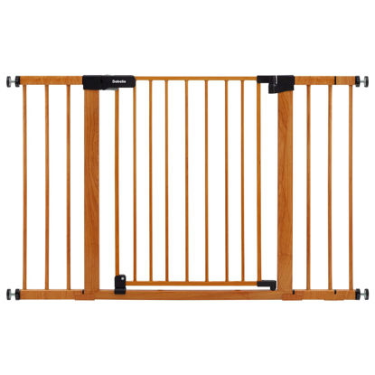 Picture of BABELIO 29-48" Metal Baby Gate with Brown Wood Pattern, Auto Close Dog Gate for The House、Stairs and Doorways, Pressure Mounted Pet Gate with Door, Safety Gate for Child and Pets