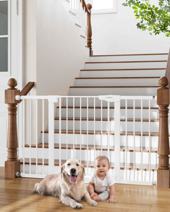 Picture of Cumbor 29.7-54.2" Wide Baby Gate for Stairs, Mom's Choice Awards Winner-Self Closing Dog Gate Indoor for Doorways, No Drilling Pressure Mounted Pet Gates for Kids, Easy Walk Through Safety Gate, White