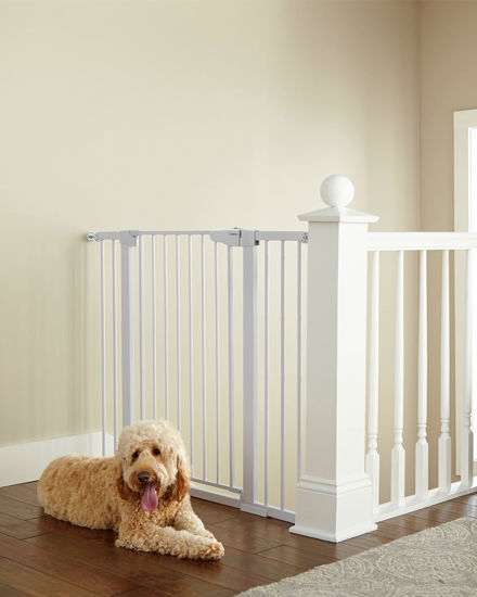 Picture of Cumbor 36" Extra Tall Baby Gate for Dogs and Kids with Wide 2-Way Door, 29.7"- 46" Width, and Auto Close Personal Safety for Babies and Pets, Fits Doorways, Stairs, and Entryways, White