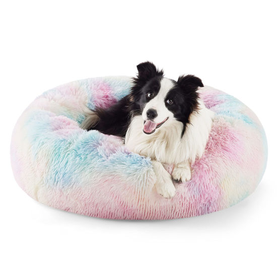 Picture of Bedsure Calming Dog Bed for Large Dogs - Donut Washable Large Pet Bed, Anti-Slip Round Fluffy Plush Faux Fur Dog Bed, Fits up to 100 lbs Pets, Multi-colored, 36 inches