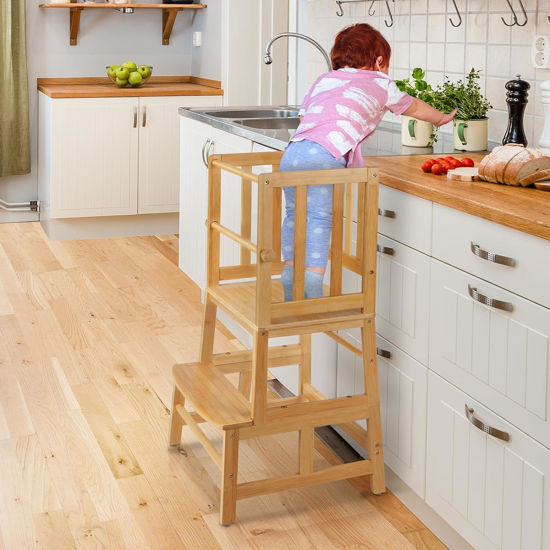 Picture of COSYLAND Kids Kitchen Step Stool，Toddler Standing Tower with CPC Certification, Removable Anti-Drop Railing Safety Rail Enjoys Unique Patented Design A Anti-tip Structure More Stable, Natural Bamboo