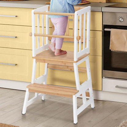 Picture of COSYLAND Kids Kitchen Step Stool, Toddler Standing Tower with CPC & FSC Certification, Removable Anti-Drop Railing Safety Rail Enjoys Unique Patented Design A Anti-tip Stable Structure Natural & White