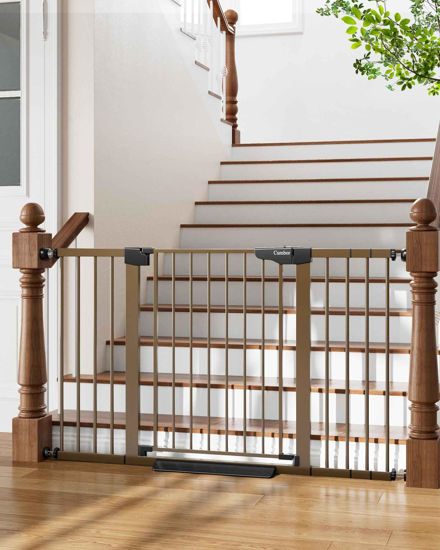 Picture of Cumbor 29.7-54.2" Wide Baby Gate for Stairs, Mom's Choice Awards Winner-Self Closing Dog Gate Indoor for Doorways, No Drilling Pressure Mounted Pet Gates for Kids, Easy Walk Through Safety Gate, Brown