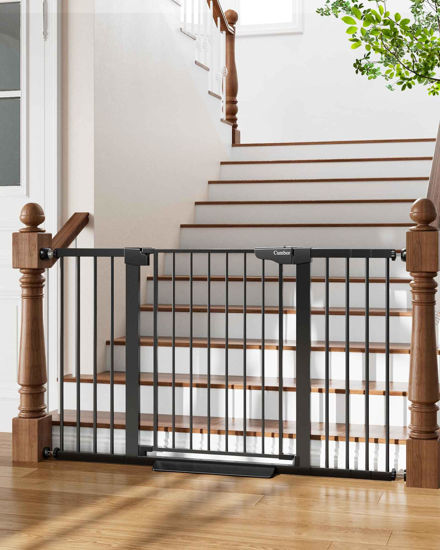 Picture of Cumbor 29.7-54.2" Wide Baby Gate for Stairs, Mom's Choice Awards Winner-Self Closing Dog Gate Indoor for Doorways, No Drilling Pressure Mounted Pet Gates for Kids, Easy Walk Through Safety Gate, Black