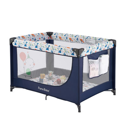 Picture of Pamo Babe Travel Foldable Portable Bassinet Baby Infant Comfortable Play Yard Crib Cot with Soft Mattress, Breathable Mesh Walls, and Carry Bag, Blue