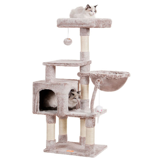 Picture of Heybly Cat Tree with Toy, Cat Tower condo for Indoor Cats, Cat House with Padded Plush Perch, Cozy Hammock and Sisal Scratching Posts, Muchroom HCT004SMU