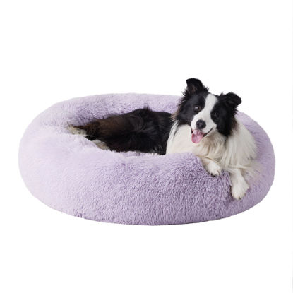 Picture of Bedsure Calming Dog Bed for Large Dogs - Donut Washable Large Pet Bed, 36 inches Anti-Slip Round Fluffy Plush Faux Fur Dog Bed, Fits up to 100 lbs Pets, Purple