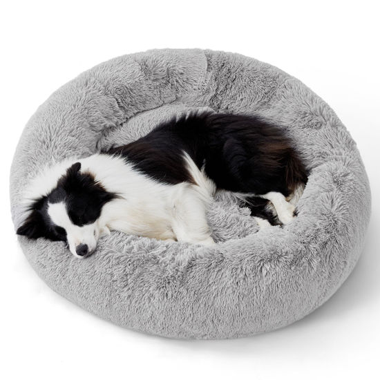 Picture of Bedsure Calming Dog Bed for Large Dogs - Donut Washable Large Pet Bed, 36 inches Anti-Slip Round Fluffy Plush Faux Fur Dog Bed, Fits up to 100 lbs Pets, Pale Grey