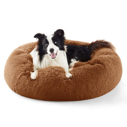 Picture of Bedsure Calming Dog Bed for Large Dogs - Donut Washable Large Pet Bed, 36 inches Anti-Slip Round Fluffy Plush Faux Fur Dog Bed, Fits up to 100 lbs Pets, Caramel