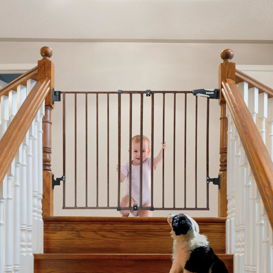 Picture of Babelio 26-43" No Bottom Bar Baby Gate for Babies, Elders and Pets, 2-in-1 Auto Close Dog Gate for The House, Stairs and Doorways, Safety Pet Gates with Large Walk Thru Door, Black Wood Pattern