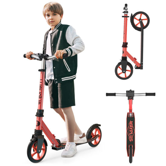 Picture of WAYPLUS Lightweight Kick Scooter for Kids, Teens and Adults, Foldable, 8-Inch Non-Slip Deck, ABEC9 Bearing, Adjustable Height 3.9-6.2FT, Red