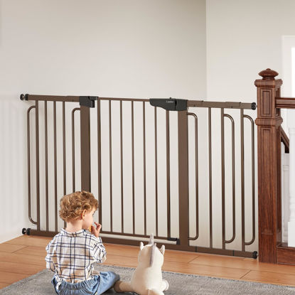 Picture of Cumbor 29.7-57" Extra Wide Baby Gate for Stairs, Mom's Choice Awards Winner-Dog Gate for Doorways, Pressure Mounted Walk Through Safety Child Gate for Kids Toddler, Tall Pet Puppy Fence Gate, Brown