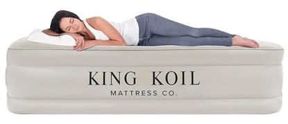 Picture of King Koil Luxury Air Mattress 20in Full Size Beige with Built-in Pump for Home, Camping & Guests-Inflatable Airbed Luxury Double High Adjustable Blow Up Mattress, Durable - Portable and Waterproof