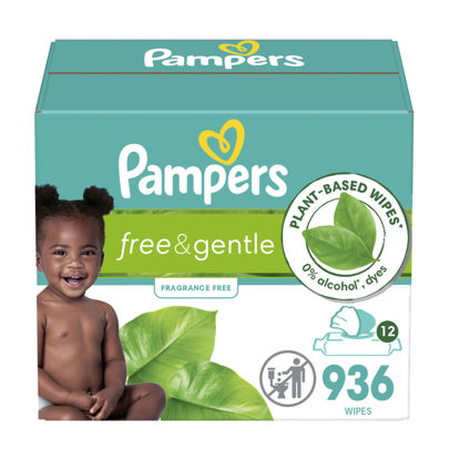 Picture of Pampers Free & Gentle Baby Wipes, 99% Water, Hypoallergenic, Unscented, 100% Plant Based, Plastic-Free Baby Wipes, 936 Baby Wipes Total (12 Flip-Top Packs)