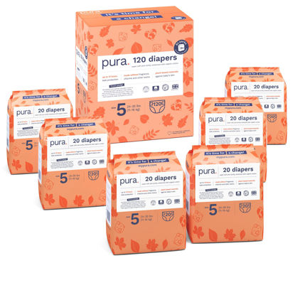 Picture of Pura Size 5 Eco-Friendly Diapers (24-35 lbs) Totally Chlorine Free (TCF), Hypoallergenic, Soft Organic Cotton, Sustainable, up to 12 Hours Leak Protection, Allergy UK, 6 Packs of 20 (120 Diapers)