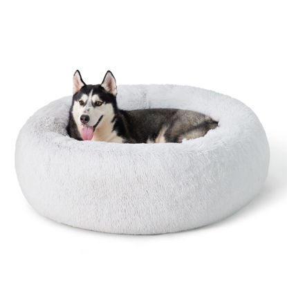 Picture of Bedsure Calming Dog Bed for Large Dogs - Donut Washable Large Pet Bed, 36 inches Anti Anxiety Round Fluffy Plush Faux Fur Dog Bed, Fits up to 100 lbs Pets, Frost Grey