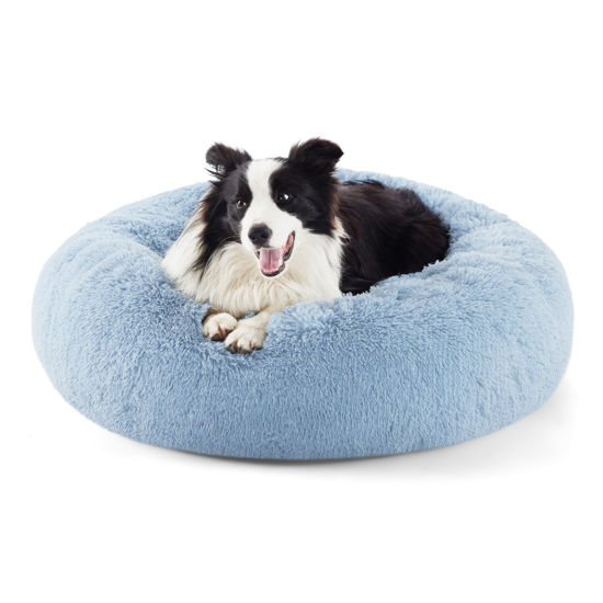 Picture of Bedsure Calming Dog Bed for Large Dogs - Donut Washable Large Pet Bed, Anti Anxiety Round Fluffy Plush Faux Fur Dog Bed, Fits up to 100 lbs Pets, Blue, 36 inches