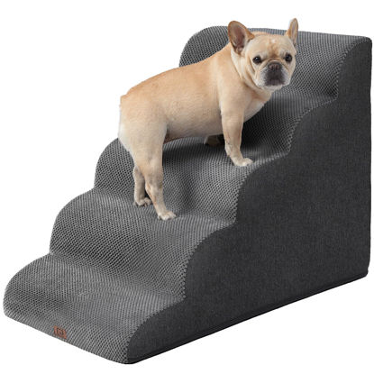 Picture of EHEYCIGA Curved Dog Stairs for High Beds, 5-Step Extra Wide Dog Steps for Small Dogs and Cats, Pet Stairs for High Bed Climbing, Non-Slip Balanced Pet Step Indoor, Grey