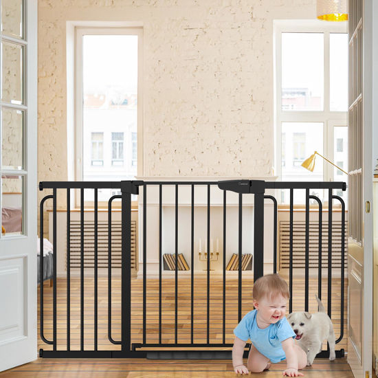 Picture of Cumbor 29.7-57" Extra Wide Baby Gate for Stairs, Mom's Choice Awards Winner-Dog Gate for Doorways, Pressure Mounted Walk Through Safety Child Gate for Kids Toddler, Tall Pet Puppy Fence Gate, Black