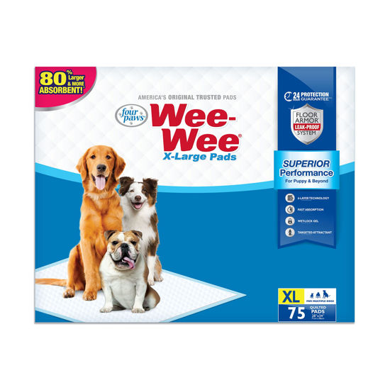 Picture of Four Paws Wee-Wee Superior Performance XL Pee Pads for Extra Large Dogs, Leak-Proof Floor Protection Dog & Puppy Quilted Potty Training Pads, Unscented, 28" x 34" (75 Count)