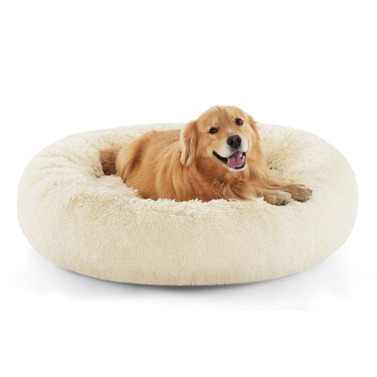 Picture of Bedsure Calming Dog Bed for Extra Large Dogs - Donut Washable Large Pet Bed, Anti-Slip Round Fluffy Plush Faux Fur Dog Bed, Fits up to 125 lbs Pets, Oat Milk, 45 inches