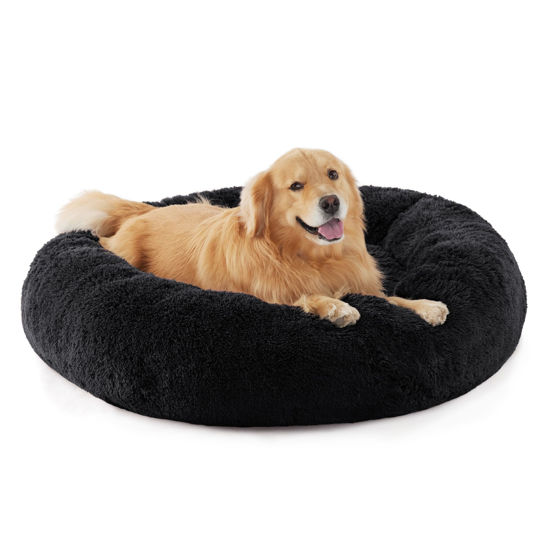 Picture of Bedsure Calming Dog Bed for Extra Large Dogs - Donut Washable Large Pet Bed, 45 inches Anti-Slip Round Fluffy Plush Faux Fur Dog Bed, Fits up to 125 lbs Pets, Black