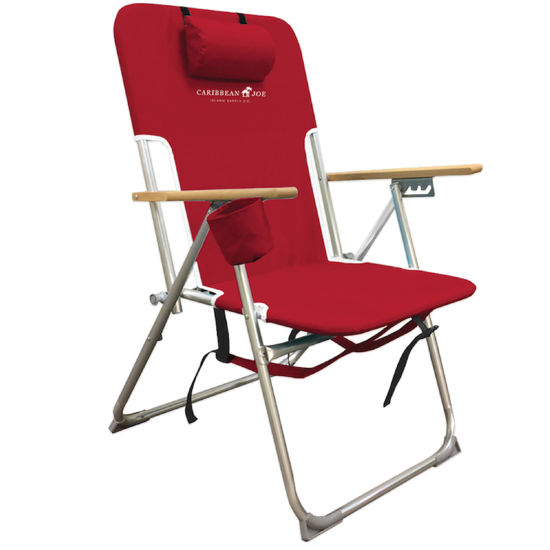 Picture of Caribbean Joe Folding Beach Chair, 4 Position Portable Backpack Foldable Camping Chair with Headrest, Cup Holder, and Wooden Armrests, Red, 33.5"D x 3"W x 25"H