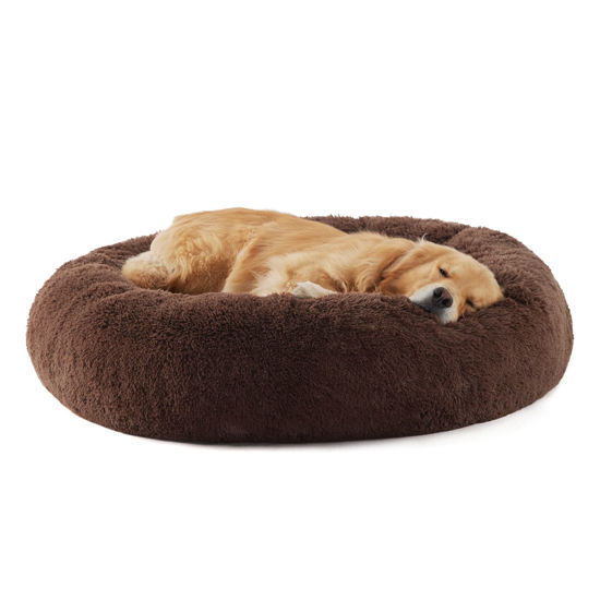 Picture of Bedsure Calming Dog Bed for Extra Large Dogs - Donut Washable Large Pet Bed, Anti Anxiety Round Fluffy Plush Faux Fur Dog Bed, Fits up to 125 lbs Pets, Brown, 45 inches