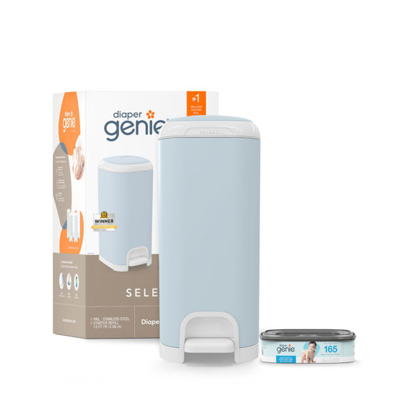 Picture of Diaper Genie Select Pail (Blue) is Made of Durable Stainless Steel and Includes 1 Starter Square Refill That can Hold up to 165 Newborn-Sized Diapers.