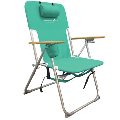 Picture of Caribbean Joe Folding Beach Chair, 4 Position Portable Backpack Foldable Camping Chair with Headrest, Cup Holder, and Wooden Armrests, Teal