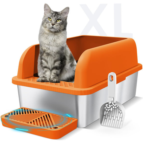 Picture of Enclosed Stainless Steel Litter Box with Lid Extra Large Litter Box for Big Cats XL Metal Litter Box, Litter Pan Tray with High Sides Enclosure, Anti-Leakage, Easy Cleaning (Orange)