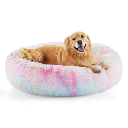 Picture of Bedsure Calming Dog Bed for Extra Large Dogs - Donut Washable Large Pet Bed, Anti Anxiety Round Fluffy Plush Faux Fur Dog Bed, Fits up to 125 lbs Pets, Multi-Colored, 45 inches