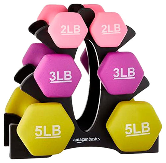 Picture of Amazon Basics Neoprene Coated Hexagon Workout Dumbbell Hand Weight, Rack with 2, 3, and 5 pound, Set of 3, Total 20 lb, Pink/Purple/Green