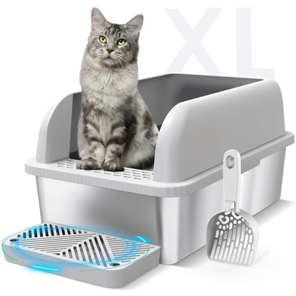 Picture of Suzzipaws Enclosed Stainless Steel Cat Litter Box with Lid Extra Large Litter Box for Big Cats XL Metal Litter Pan Tray with High Wall Sides Enclosure, Non-Sticky, Anti-Leakage, Easy Cleaning