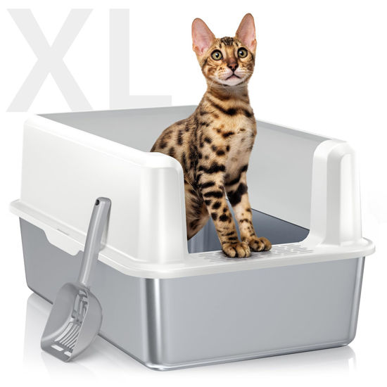 Picture of WoofiGo Stainless Steel Cat Litter Box with Lid, XL Metal Litter Box for Big Cats, Extra Large Litter Box with High Sides, Never Absorbs Odors, Non-Sticky, Easy Clean, Anti-Urine Leakage, with Scoop