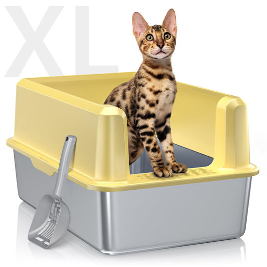 Picture of Stainless Steel Litter Box with High Side, XXL Extra Large Cat Litter Box for Big Cats & Multiple Cats, Non-Sticky, No Urine Leakage, Easy Clean Cat Litter Pan Include Scoop