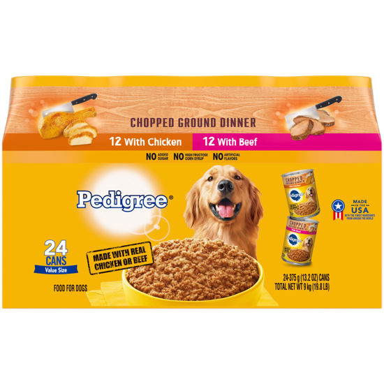 Picture of PEDIGREE CHOPPED GROUND DINNER Adult Canned Soft Wet Dog Food Variety Pack, with Chicken and Beef, 13.2 oz. Cans 24 Pack