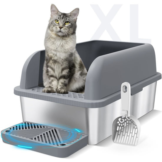 Picture of Suzzipaws Enclosed Stainless Steel Cat Litter Box with Lid Extra Large Litter Box for Big Cats XL Metal Litter Pan Tray with High Wall Sides Enclosure, Non-Sticky, Anti-Leakage (Grey)