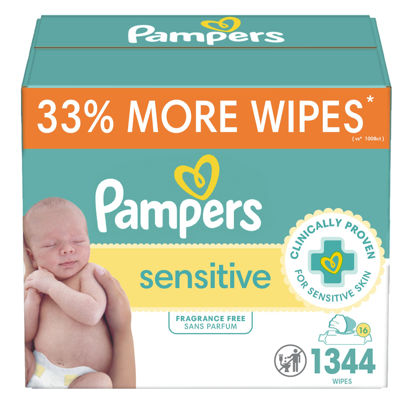 Picture of Pampers Sensitive Baby Wipes, Water Based, Hypoallergenic and Unscented, 16 Flip-Top Packs (1344 Wipes Total)