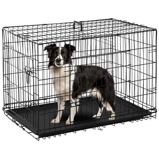 Picture of PayLessHere Large Dog Crate Kennel for Medium Large Dogs Metal Dog Cage Double-Door Folding Travel Indoor Outdoor Puppy Playpen with Divider and Handle Plastic Tray (36 Inch, Black)